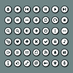 Black and white navigation buttons. Vector image set of multimedia icons.