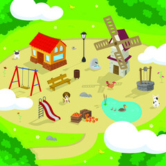 Village in isometric perspective. House, playground, fountain and various elements. Illustration for kids. Flat style.