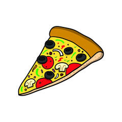 Pizza slice. Food icon. Doodle cartoon vector illustration. 