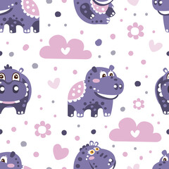 Cute Seamless Pattern with Baby Hippo, Cute African Animal Background, Banner, Wallpaper, Textile, Packaging Design Vector Illustration