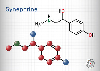 Synephrine, p-synephrine molecule. It is phenethylamine alkaloid. Structural chemical formula and molecule model. Sheet of paper in a cage