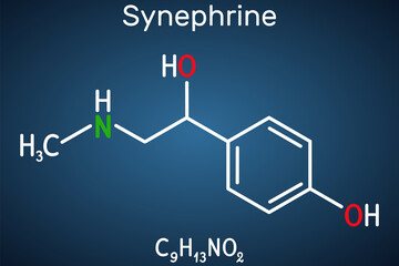 Synephrine, p-synephrine molecule. It is phenethylamine alkaloid. Structural chemical formula on the dark blue background