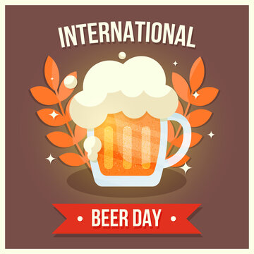International Beer Day. A postcard with a beer mug, an alcoholic drink and wheat on a brown background. Design of a greeting card, happy beer day. Modern illustration, logo for the bar