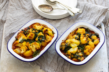 Saag aloo vegan pie with bean filling and potato and cauliflower topping