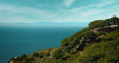 Beautiful view from the Perdicaris park in the middle of the forest of Rmilat with stunning view of the Mediterranean sea , Tangier, Morocco.