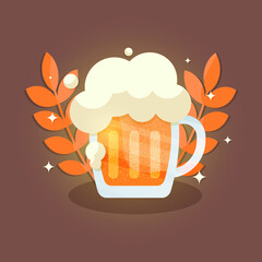 A mug of beer with foam and wheat. International Beer Day. A postcard with a beer mug, an alcoholic drink and wheat. Logo design, icons, happy beer day. Modern illustration, logo for the bar