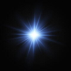 Shining blue star. Light Effect Bright Star, Christmas Star. Glowing light explodes on a transparent background.