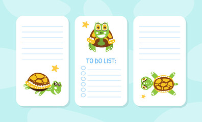To Do List Cards with Happy Green Turtle with Shell Vector Illustration