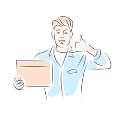 A man with a box in his hand shows a sign to call on the phone. Courier delivery, postal service. Simple drawing.