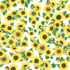 Watercolor seamless pattern with sunflowers and green leaves, hand-drawn.