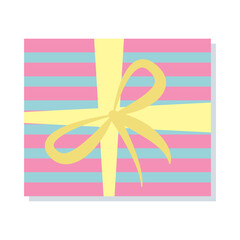 Gift box, present in colorful wrapped in flat style. Element design for Christmas, Valentines day, sale, shopping. Isolated on white background. Vector illustration.