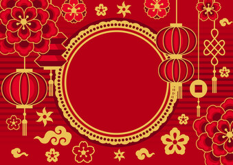Happy Chinese New Year greeting card. Background with oriental symbols.