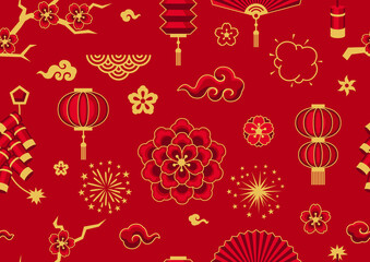 Happy Chinese New Year ceamless pattern. Background with oriental symbols.
