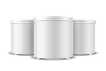 Three Vector 3d Realistic Blank White, Black Metal Tin Can with Lid, Canned Food, Potato Chips Packaging Set Isolated On White Background. Small Size. Design Template, Mockup. Front View