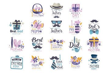 Happy Mothers and Fathers Day Logo Design Set, I Love Dad, Mom Labels, Badges Vector Illustration