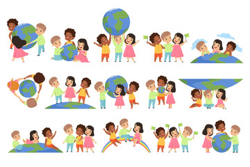 Fototapeta premium Cute Kids Save the World Set, Happy Boys and Girls Protecting Earth Planet Cartoon Vector Illustration