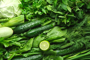Green vegetables and dark leafy food background as a healthy eating concept
