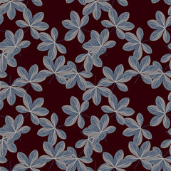 Random blue colored scheffler flowers ornament seamless pattern. Dark maroon background. Floral backdrop.