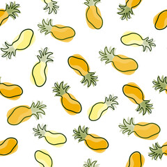 Food exotic seamless pattern with random yellow contoured pineapples ornament.