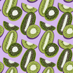 Kiwi abstract slices seamless doodle pattern in green colors. Pastel lilac background. Vitamin summer tropic fruits.