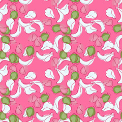 Green and white random contoured abstract fruits seamless pattern. Pink background. Banana, apple, pear and plum print.