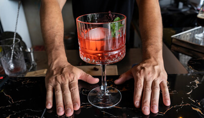 The bartender shows his cocktail at the bar.