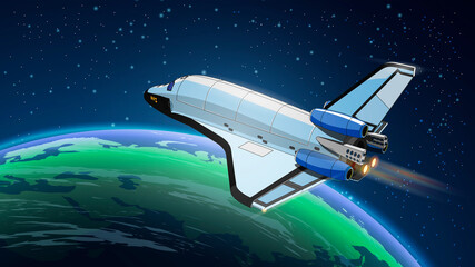 Vector illustration card with spaceship, space shuttle in space with Earth. Space history program, human exploration of near space. Picture with 3d model flying spaceship. Isolated
