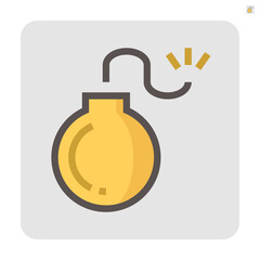 Bomb vector icon. Explosive weapon with round metal, burning spark fuse for military using to attack, aggression, terrorism, destruction. Too danger, risk to explode, explosion or blast. 64x64 px.