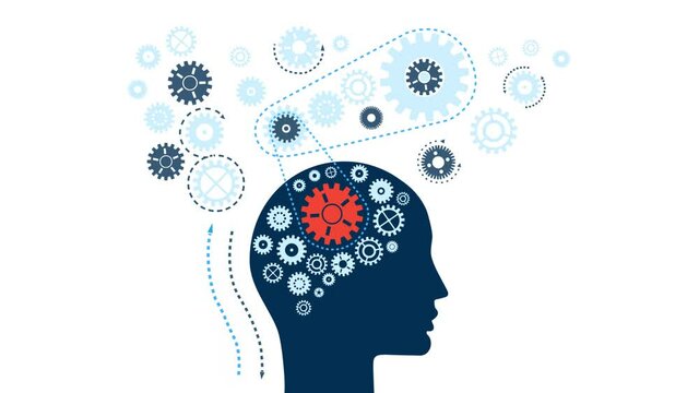 Human brain functioning concept. Human head with gears.  The uniqueness and complexity of the thought process.