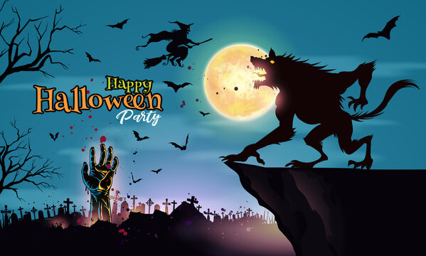 Dark Halloween background with Fantasy werewolf standing on a rocky cliff on a full moon night,grunge decoration with witch fly, zombie Hand  and flying bats.