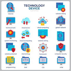 Technology icon set for website, document, poster design, printing, application. Technology Device concept icon flat style.