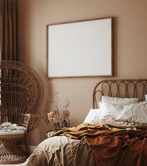 Home interior with ethnic boho decoration, bedroom in brown warm color, 3d render