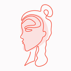 Woman, girl drawing by one line. Silhouette, profile, face of a woman. Line art style, red outline with pink spot. Vector illustration. Isolated background.