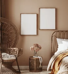 Papier Peint photo Autocollant Style bohème Intérieur de maison avec décoration bohème ethnique, chambre de couleur marron chaude, rendu 3d