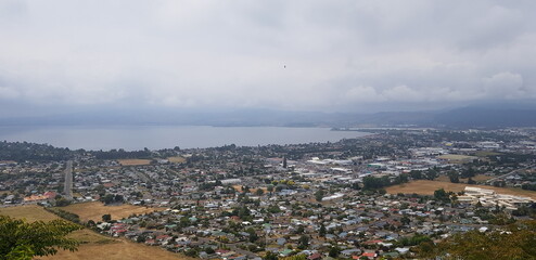 a village with a lake