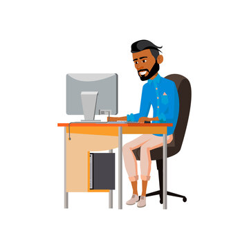 stylish young man content manager working on computer cartoon vector. stylish young man content manager working on computer character. isolated flat cartoon illustration