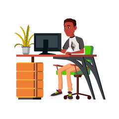 african guy working on computer at desk cartoon vector. african guy working on computer at desk character. isolated flat cartoon illustration