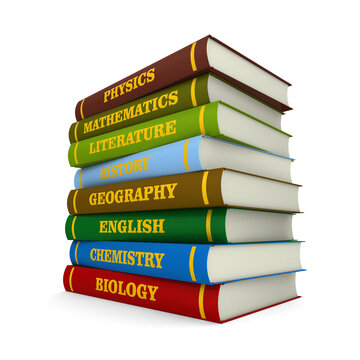 Stack of hardcover text books on white background. Isolated 3D illustration