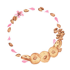 Sweet and elegant composition of almond nuts, flowers and almond cookies. Round wreath of watercolor hand painted elements. Cute design for cards, invitations and social media posts. 
