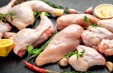 Different parts of chicken for barbecue with breast, legs and wings on stone background