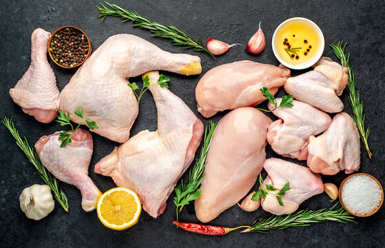 Different parts of chicken for barbecue with breast, legs and wings on stone background
