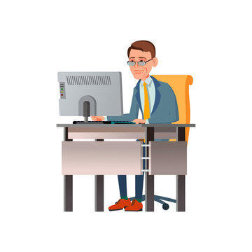 serious man work and check employee report on computer cartoon vector. serious man work and check employee report on computer character. isolated flat cartoon illustration