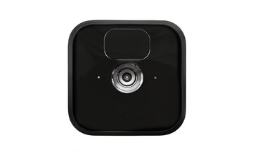 Black modern and minimal digital security camera with speaker on white background, front view...