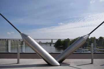Architectural details of the 'Hoge Brug' (High Bridge), a modern bridge for pedestrians and cyclists over the Meuse River in Maastricht, the Netherlands