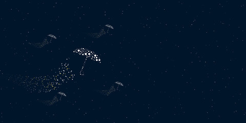 Fototapeta na wymiar A umbrella symbol filled with dots flies through the stars leaving a trail behind. Four small symbols around. Empty space for text on the right. Vector illustration on dark blue background with stars
