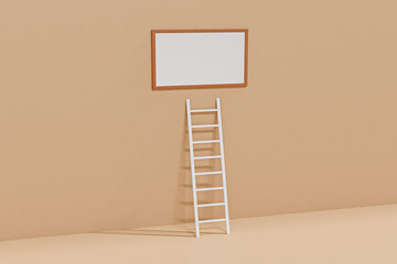 White staircase on light blue wall background with reflection and shadow, picture frame 3D rendering.
