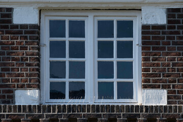 Facade of an old house in Maastricht with a row of thin and sharp iron needles at the bottom of the window to prevent birds (especially pigeons) from sitting here