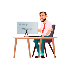 playful man playing video game on computer cartoon vector. playful man playing video game on computer character. isolated flat cartoon illustration