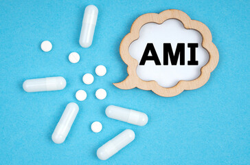 On a blue background, pills and a plate, inside which the inscription - AMI