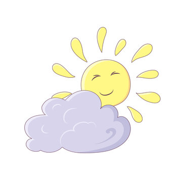 The sun with a cloud in a cartoon style with a stroke isolated on a white background. Sunny summer weather icon. Vector illustration